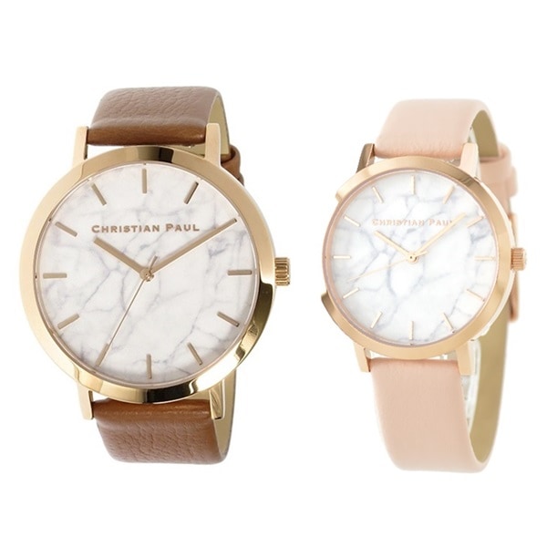 【無料特典付き！】クリスチャンポール 時計 ペアウォッチ 43mm 35mm ホワイトマーブル ブラウン ベビーピンク 天然皮革 MR-06MRL-02 誕生日プレゼント ポイント消化