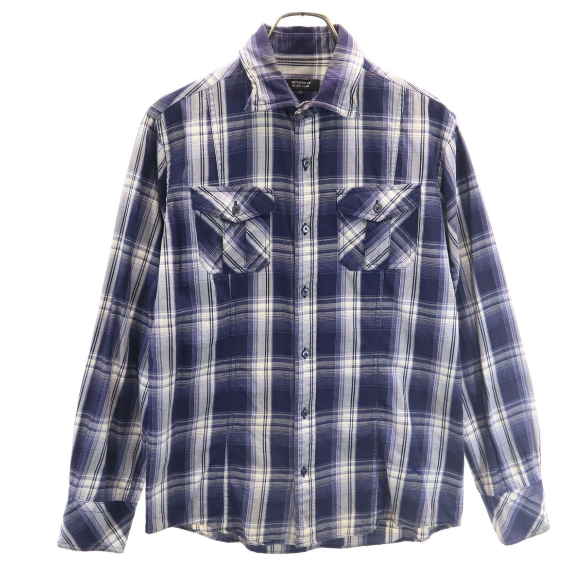 BURBERRY BLACK LABEL バーバリーブラックレーベル チェック柄 長袖 コットンシャツ 2 ネイビー 三陽商会 メンズ 古着