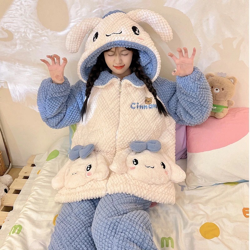 通学 パジャマ女性冬の珊瑚絨毯と厚手の3層綿挟み可愛い玉桂犬フランネルの部屋着セット 保育園 小学部