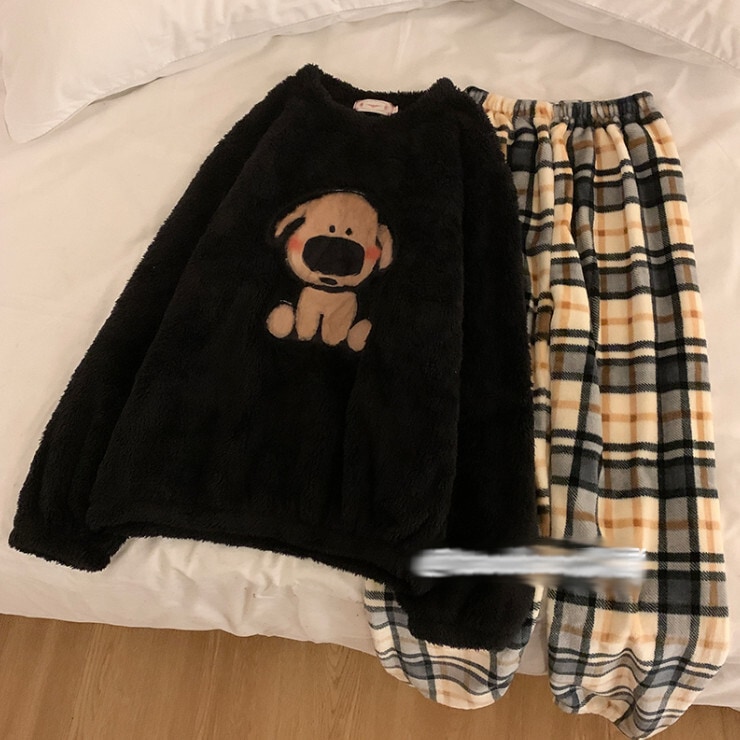 セットアップ レディース プルオーバー 寝巻き 部屋着 ナイトウェア ズボン ワイドパンツ 袖あり 長袖 ラウンドネック ハイウエスト ウエストゴム ふわふわ もこもこ モコモコ 伸縮性 上下セット