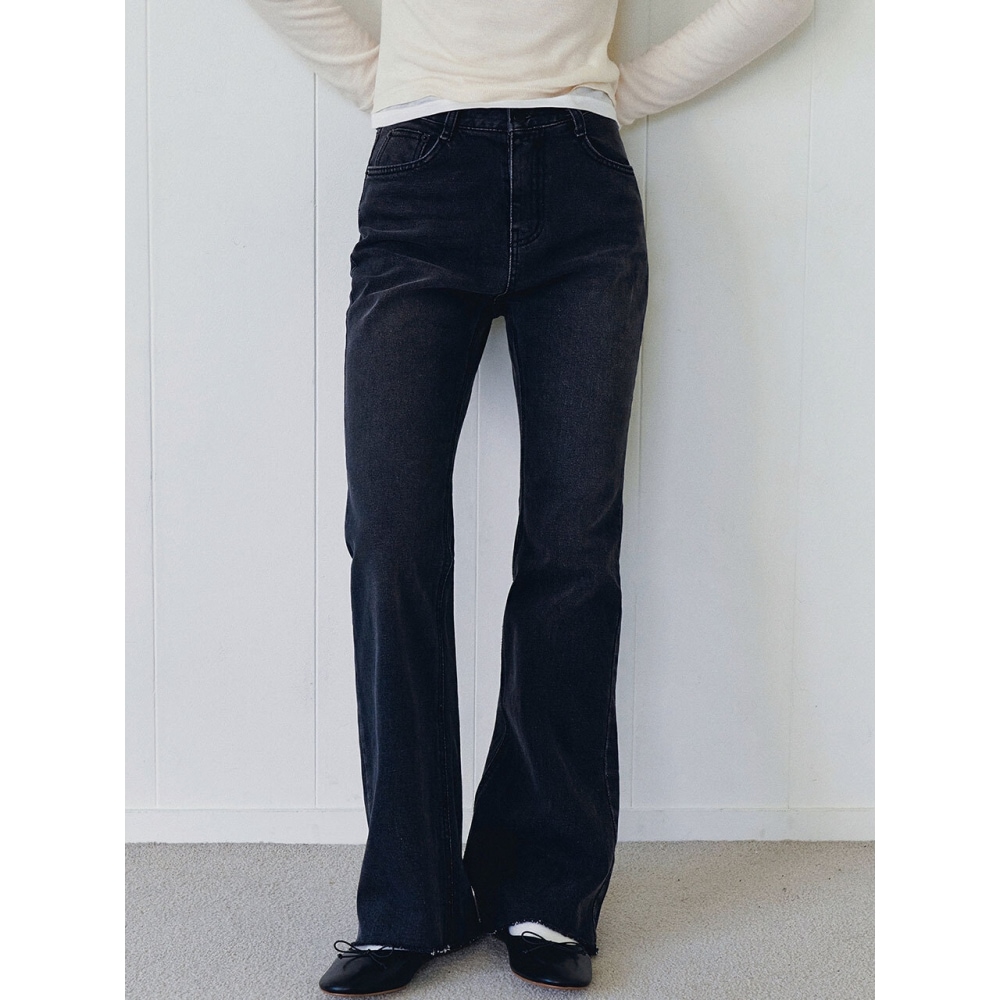 LOEIL カッティングロングブーツカットスリムデニムパンツブラック