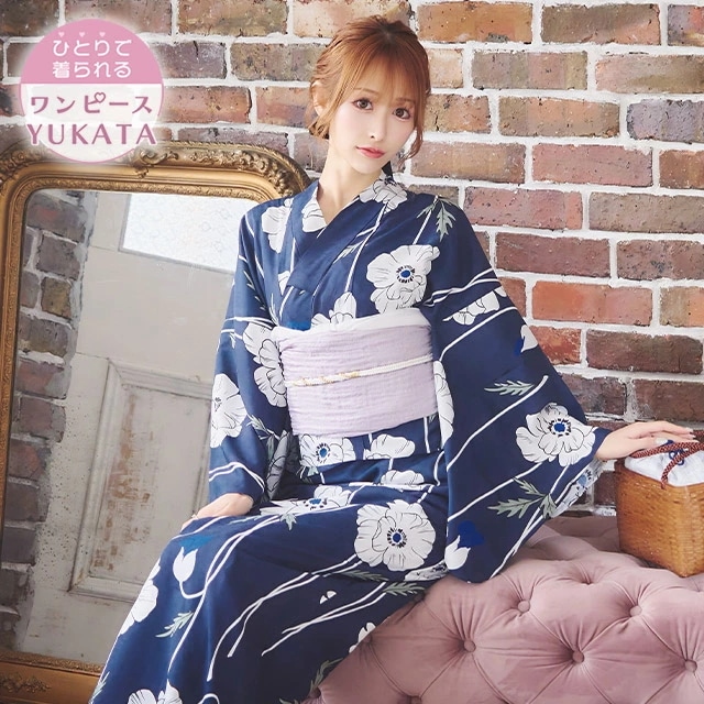 【一人で着れる】ワンピース浴衣 ゆかた 3点セット [浴衣+ワンピース+兵児帯] ネイビー ポピー 紺 華やか セクシー 人気 帯 大人浴衣 ワンピース 2way レディース 女性 和装 和服
