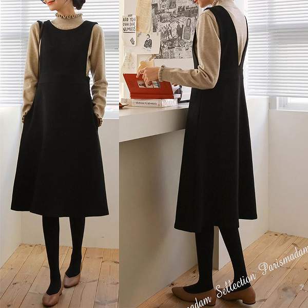 【限定セール】ブラックジャンバースカート　V襟　前後自由自在　フレアスカート　ひざ下丈　大きいサイズあり　Sから５L上品　通勤通学20代30代40代50代60代