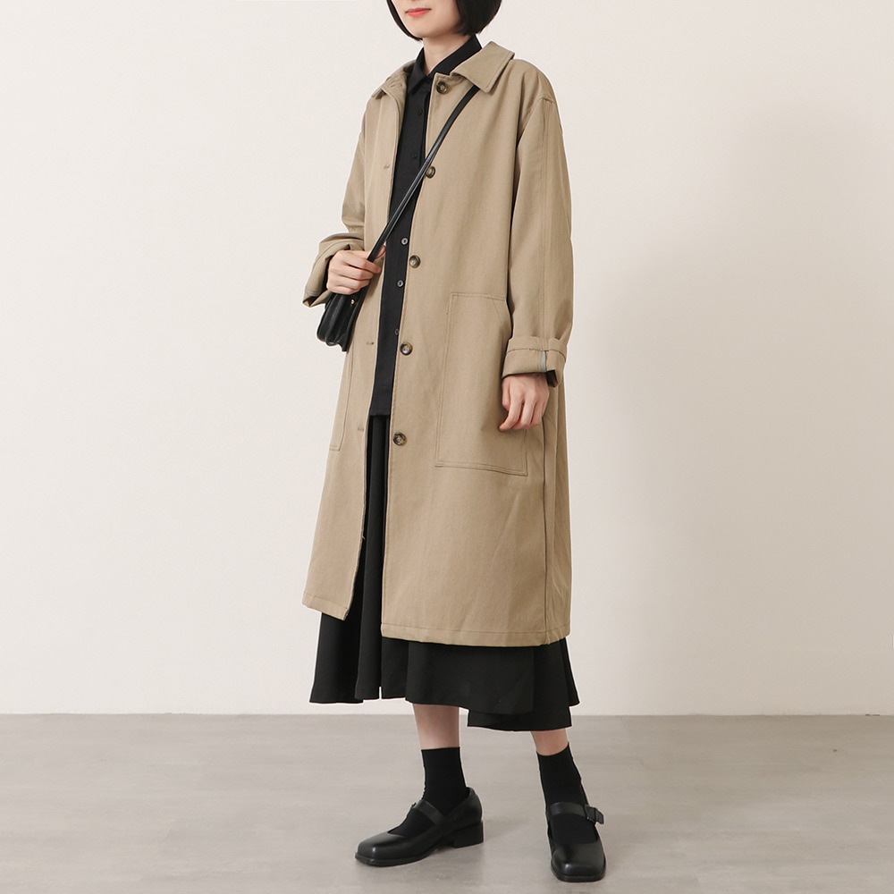 アウター 上着 ステンカラーコート ロングコート 長袖 ドロップショルダー 萌袖 襟付き ワイド ポケット 前開き 綿 ポリエステル 大人可愛い シンプル カジュアル おしゃれ かっこいい 大人女子