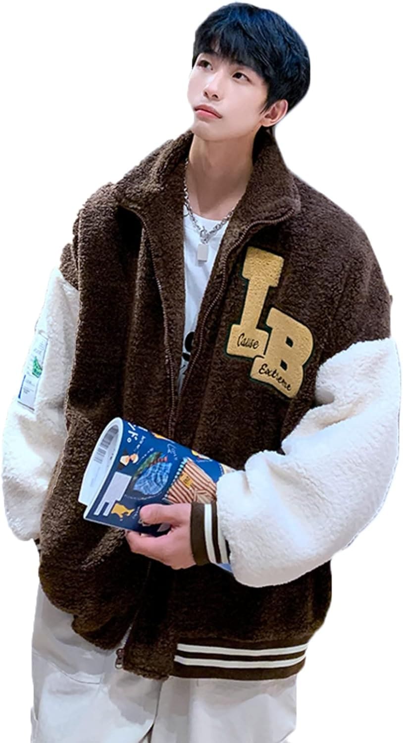 メンズジャケット フリースボア ジップアップブルゾン コート 防寒着 厚手 パッチワーク スタジャン 起毛 綿服 オーバーサイズ 体型カバー オーバーサイズ 着痩せ カジュアル 秋 冬 保温