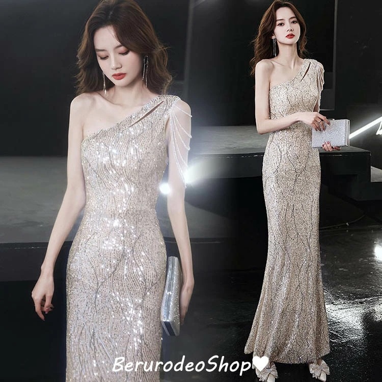 マーメイドドレス イブニングドレス スパンコール キラキラドレス ワンショルダー フリンジ ビーズ キレイめ 発表会ドレス ロングドレス スリット タイトドレス 黒 ブラック シルバー シャンパン色