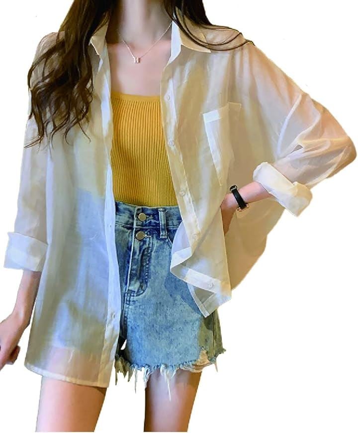 シャツ レディース シースルー トップス カーディガン オーバーブラウス( ホワイト, S)