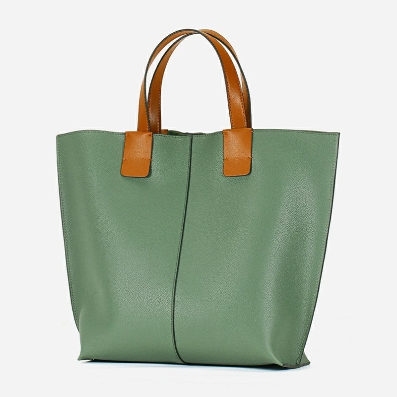 本革 トートバッグ (グリーン) ミニバッグ付 レザーバッグ 牛革 カジュアル・仕事用 (A4サイズ書類OK)