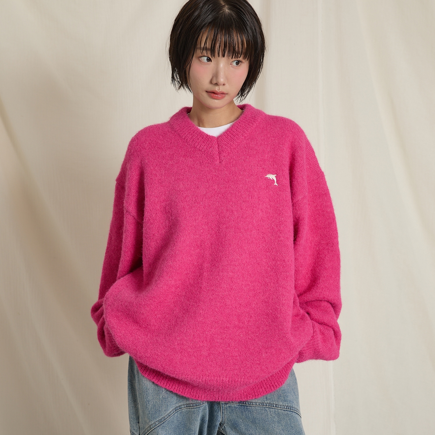 Dolphin Hairy V Neck Knit PINK