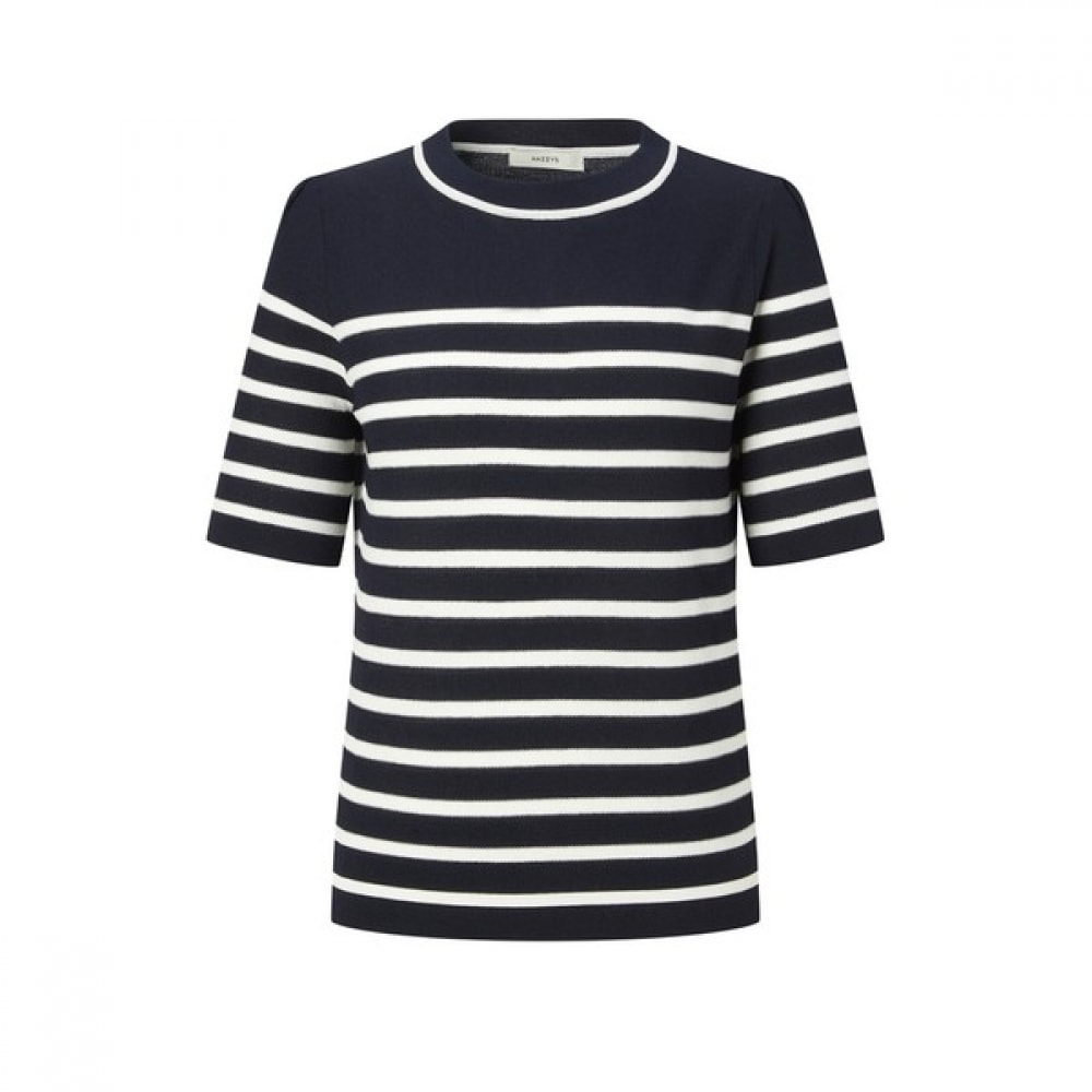 [ヘッジズレディース] 24SS ネイビーストライプコットンブレンドショートスリーブニット WSSW4B355N2