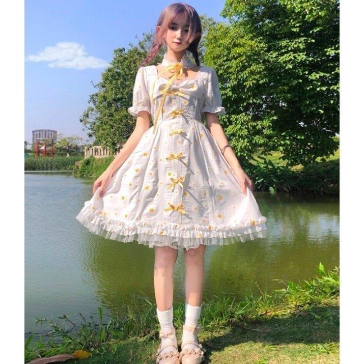ロリータドレス 半袖ワンピース美少女ドレス背中に大きいリボン付き 雛菊柄ダンス衣装 可愛い姫系レデイース二次元衣装