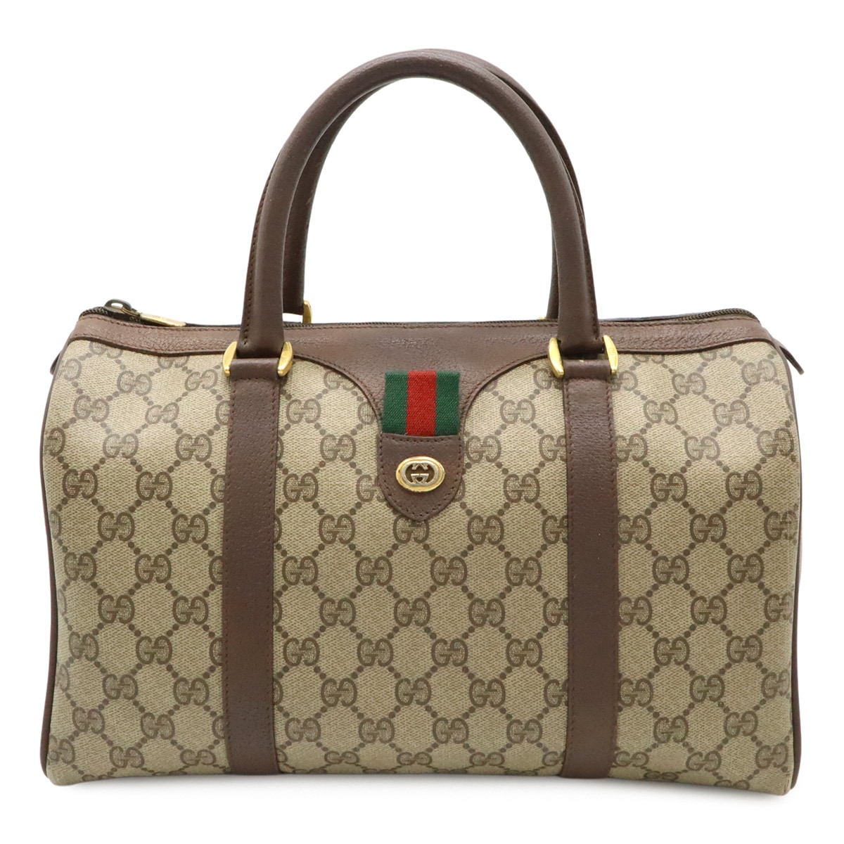 オールドグッチ GGプラス シェリーライン ハンドバッグ ミニボストンバッグ PVC レザー カーキベージュ ブラウン 40.02.00