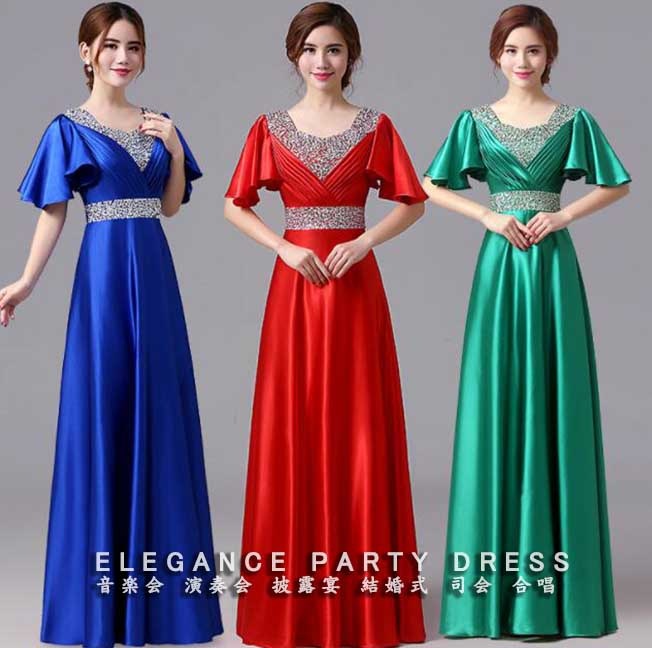 品質良い 合唱団 レディースドレス パーティードレス 上品 スパンコール フリル 半袖 ６色 無地 音楽会 演奏会 着痩せ ロングドレス ファスナー 司会 成人式 披露宴 イベント ハイウエスト Aラ