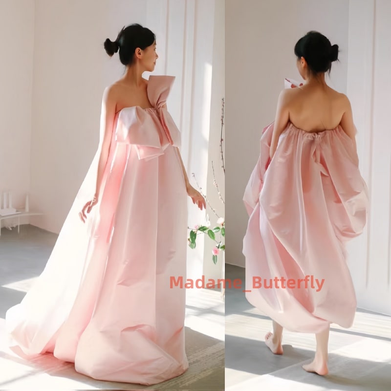 パーティードレス ピンク ウェディングドレス トレーンライン 花嫁ロングドレス リボン結び 簡約 結婚式 二次会 エレガント 可爱 お呼ばれ 挙式