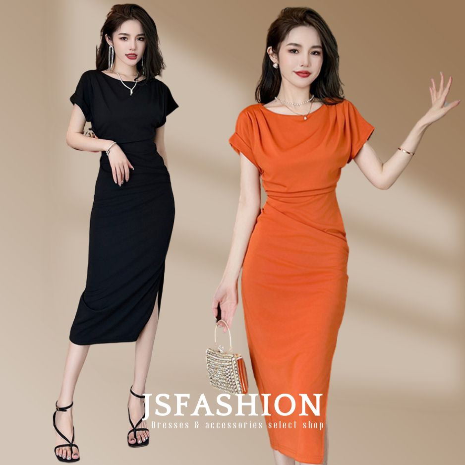 【短納期】タイトワンピ 全2色 無地 シンプル サイドスリット パーティードレス ブラックドレス 黒 タイト ワンピース 半袖 ロング丈 きれいめ タイトワンピース セクシー 上品 大きいサイズ 結婚