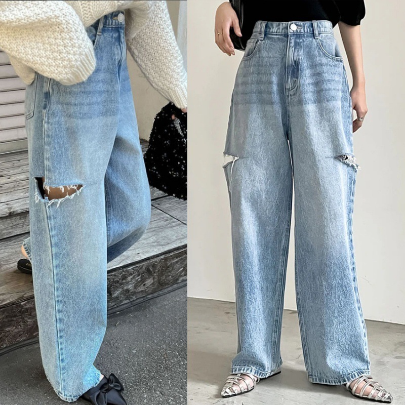 ボトムス ズボン パンツ ロングパンツ ワイドパンツ デニムパンツ ハイウエスト ダメージ加工 ポケット 可愛い かわいい 大人可愛い きれいめ シンプル 上品 おしゃれ カジュアル レトロ こなれ感
