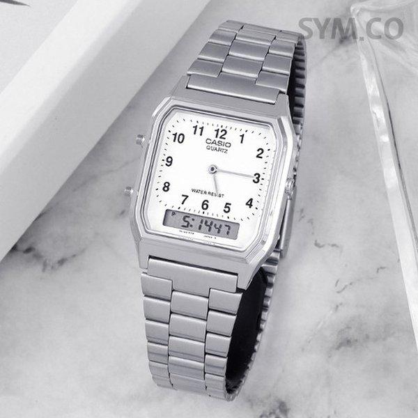 AQ-230A-7B レトロ スクエア ヴィンテージ アナデジ 男女兼用 メタル 腕時計 d