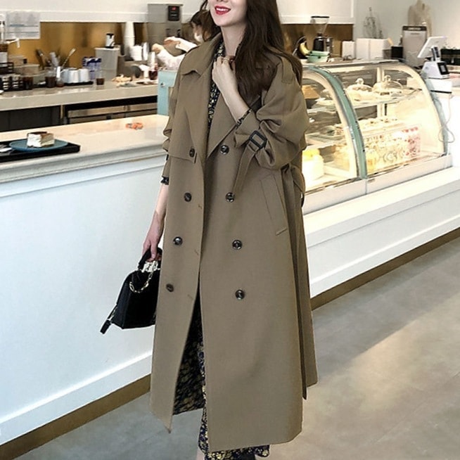 【SNSで話題沸騰】 ファッション ロング ベルト付き 折襟 ダブルブレスト トレンチコート