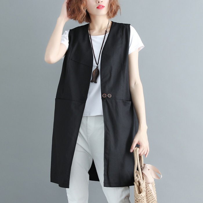 レディース ベスト 羽織 前開き 丈長 袖なし ノースリーブ Vネック 襟なし ワイド ポケット きれいめ シンプル カジュアル 上品 おしゃれ かっこいい こなれ感 ラフ 個性的 クール モード系