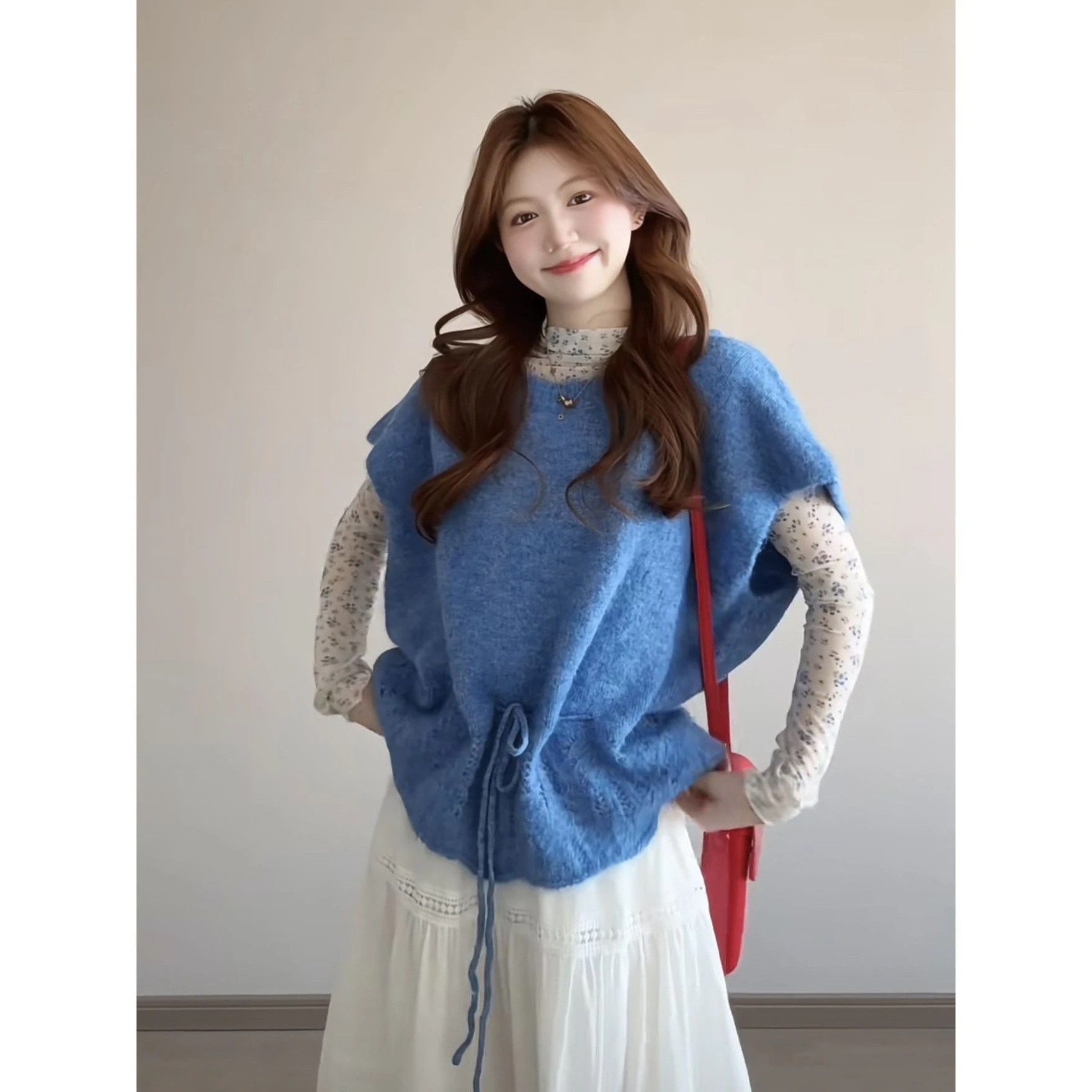 韓国風 新作 ブルー キャップスリーブ ニットベスト レディース リラックス ゆったり 個性的 感 エレガント トップス