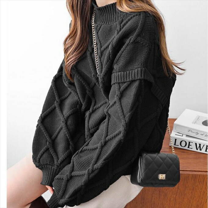 ダイヤ柄 ケーブル ハイネック ボリューム袖 ニット トップス レディース カジュアル オーバーサイズ 体型カバー スポンディッシュ 抜け感