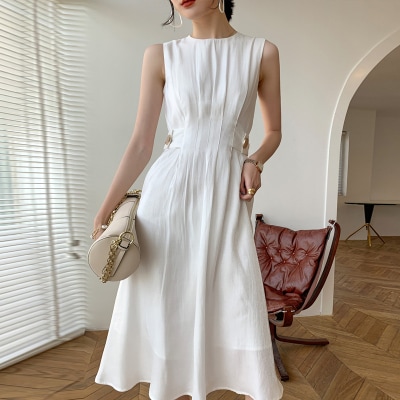 ノースリーブワンピース ワンピース フレアワンピース ワンピドレス ミモレ ミモレ丈 ロング ロング丈 袖なし ノースリーブ ラウンドネック フレア Aライン ウエストマーク ハイウエスト かわいい