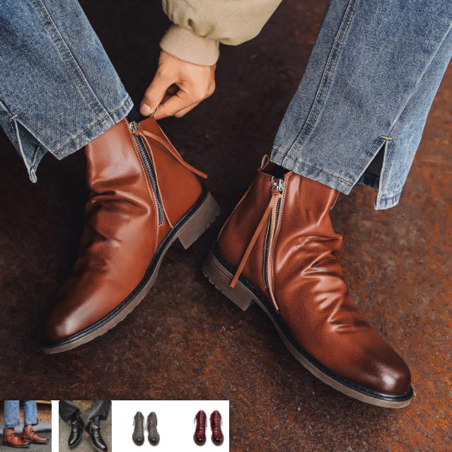 新作人気ライダーブーツ ショートブーツ メンズ ベルト ロングブーツ 長靴 バイク 厚底 エンジニア サイドジップ モックトゥ ミリタリー