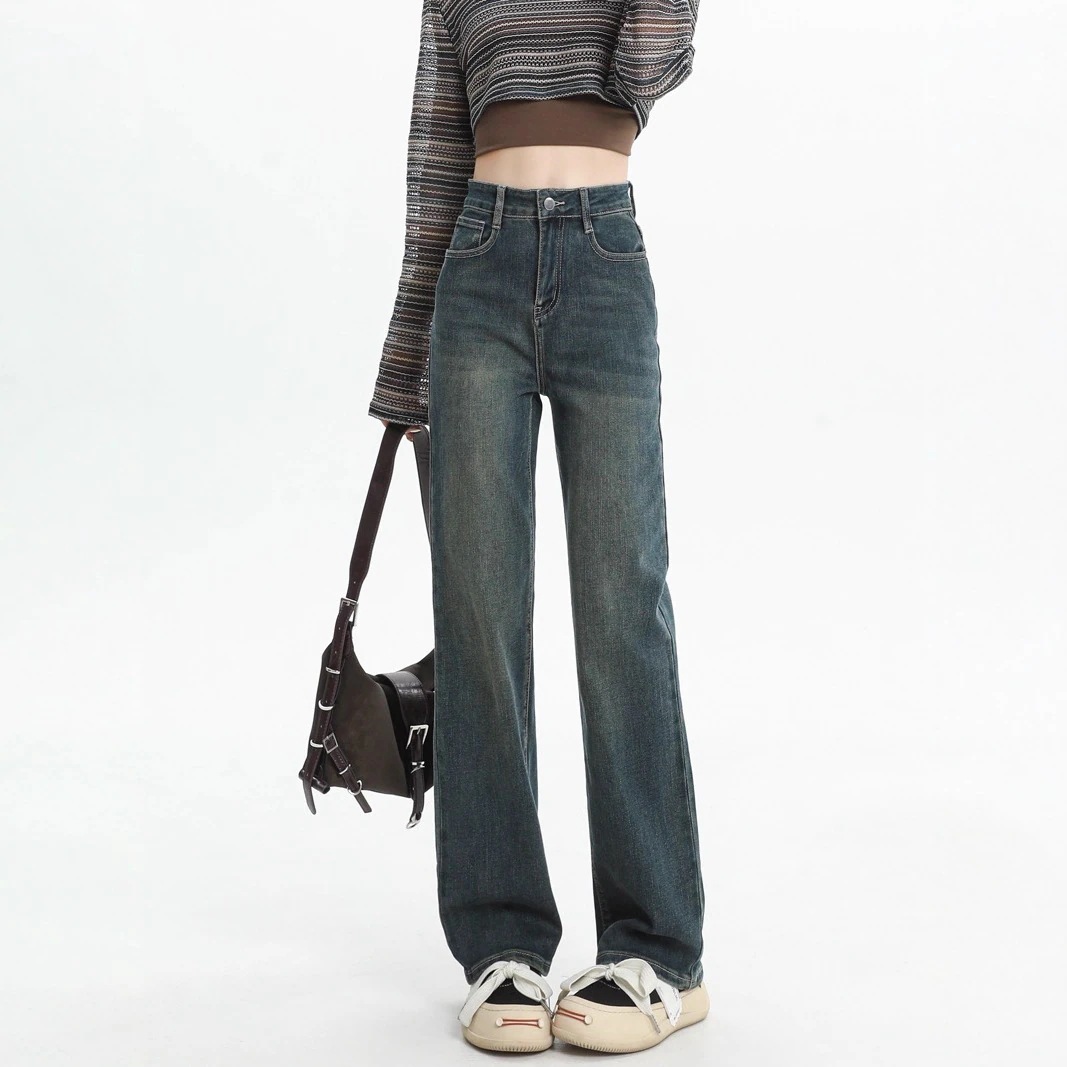 女性用ストレートジーンズ2025新作今のホットスタイル小さいハイウエストスリムナローワイドレッグパンツ