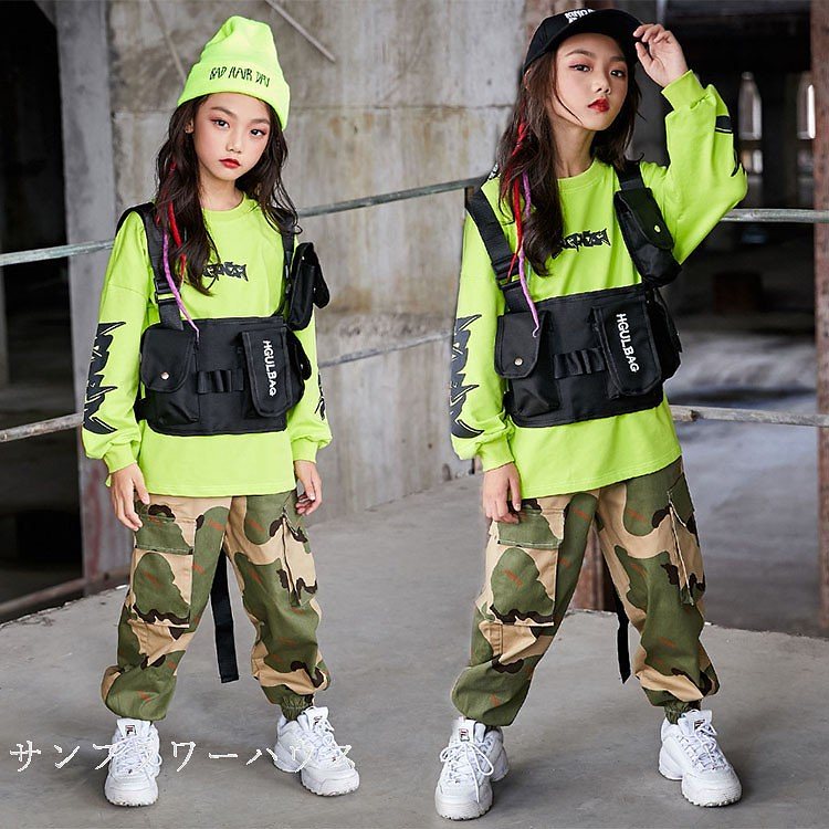 キッズダンス衣装 ヒップホップ セットアップ HIPHOP 子供服 長袖 トップス ダンス鞄 迷彩柄