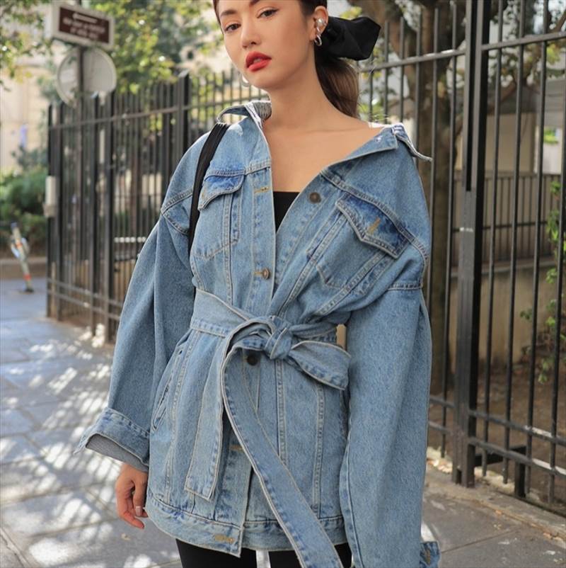 アウター ブルゾン 上着 レディース Gジャン 長袖 Vネック 襟付き オーバーサイズ ストリート アメカジ デニム ブルーデニム カラーデニム ポケット ベルト付き かわいい 大人可愛い きれいめ