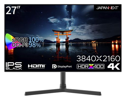 JAPANNEXT 27インチ モニター 4K UHD 3840X2160解像度 IPS BLACK ディスプレイ (HDMI/DISPLAYPORT/スピーカー内蔵/VESA対応/ブルーライトカット
