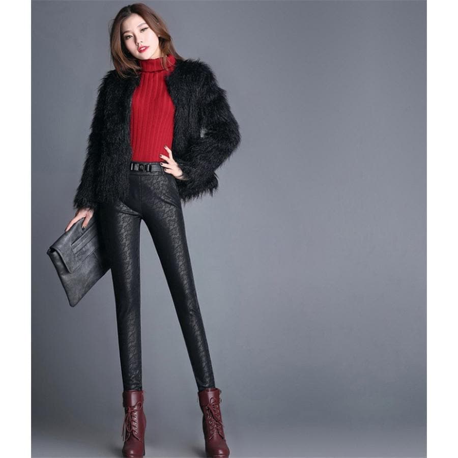 防寒 レディース フェイクレザー 着痩せ PU革パンツ レザーパンツ ロングパンツ レギンス 合皮 防風 花柄 ストレッチ ファション 美脚