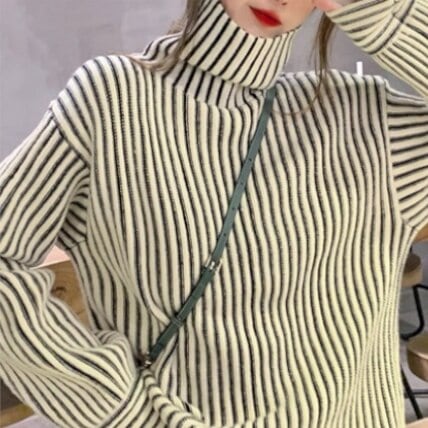 レトロ風 トップス カットソー ニット セーター プルオーバー 冬 春 秋 かわいい カジュアル ゆったり 長袖 ボリューム袖 萌袖 ハイネック タートルネック BIGシルエット 裾ワイド リブ リブ