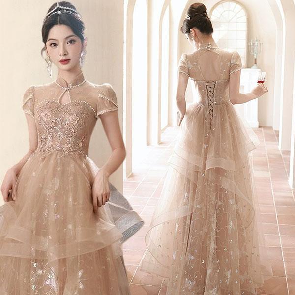 新品（在庫あり）7月入荷ハイネック 可愛い刺繍蝶々 半袖 エンパイア ふわふわチュール Aライン 前撮り パーティードレス ワンピース レディース 4,962円