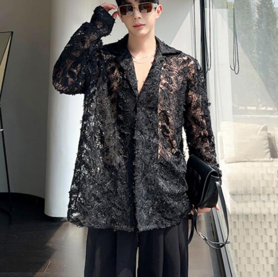 スパンコールシャツ演出服韓国ファッション メンズ トップス 長袖 紫外線対策 UVカットC155