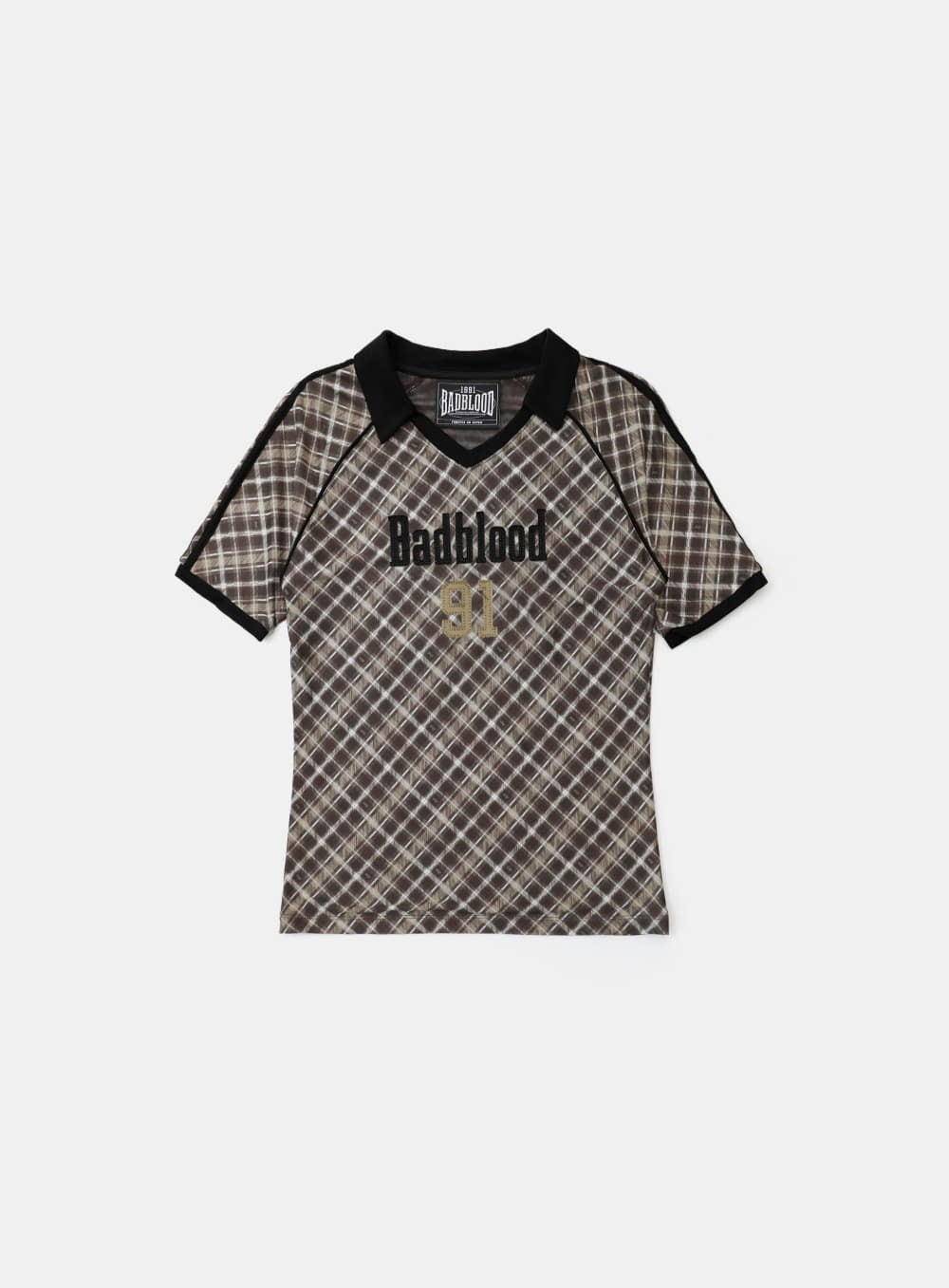 【BADBLOOD】 VINTAGE CLUB RUGBY V-NECK CHECK T-SHIRT : BROWN