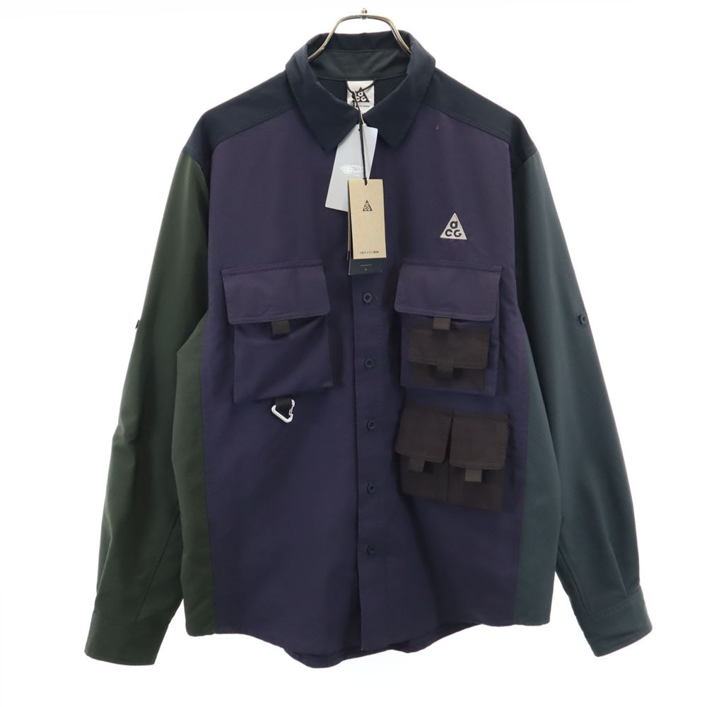 未使用 エーシージー クレイジーパターン 長袖 Dri-FIT UV Devastation Trail ワークシャツ M ネイビー 他 NIKE ACG ロールアップ袖 メンズ