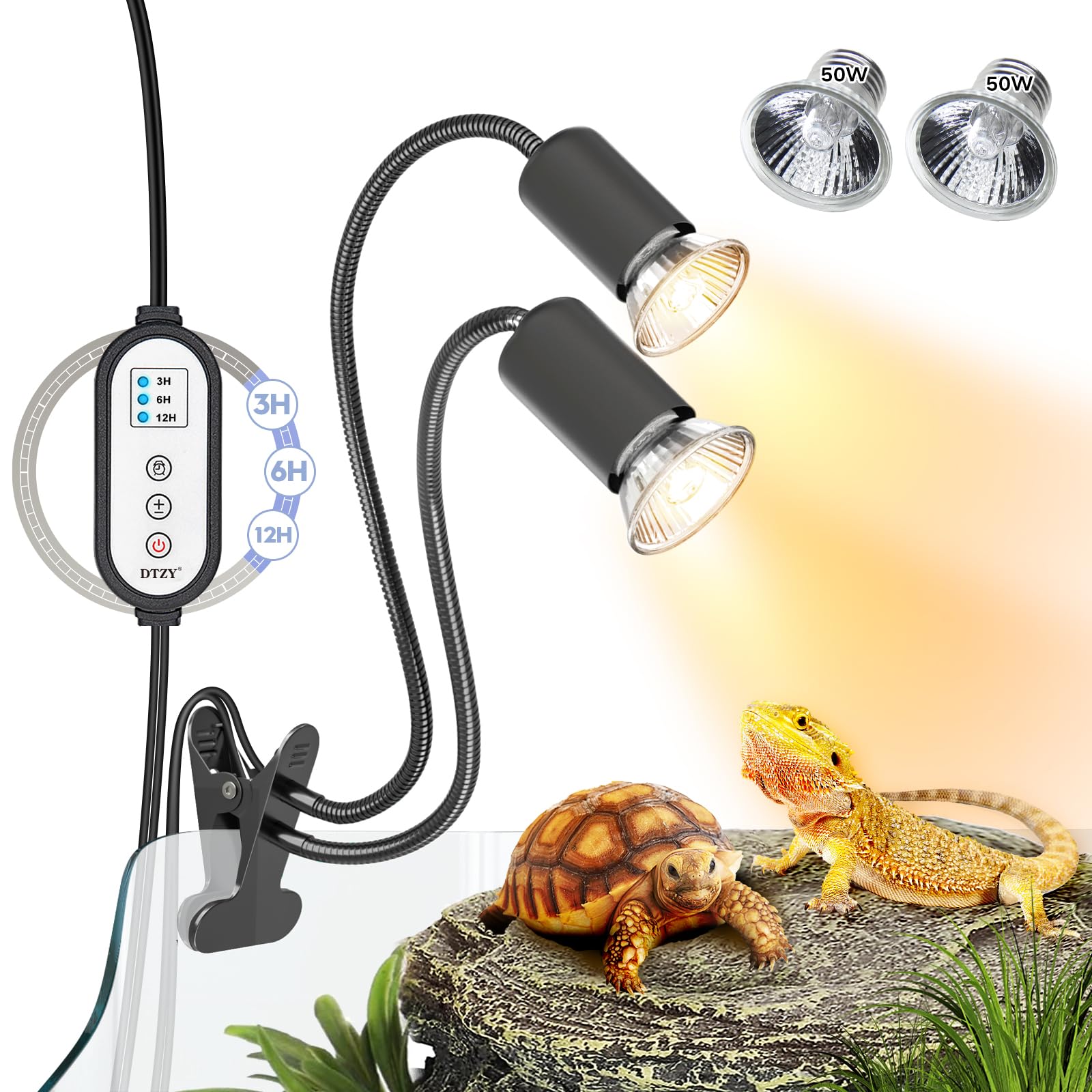 DTZY二頭爬虫類 ライト 亀 バスキング ライト兼用 50W*2保温電球 アナログ太陽 UVA＆UVBランプ 24時間サイクルタイマー機能 明るさ調節可能 360度回転可能 爬虫類＆両生類適用