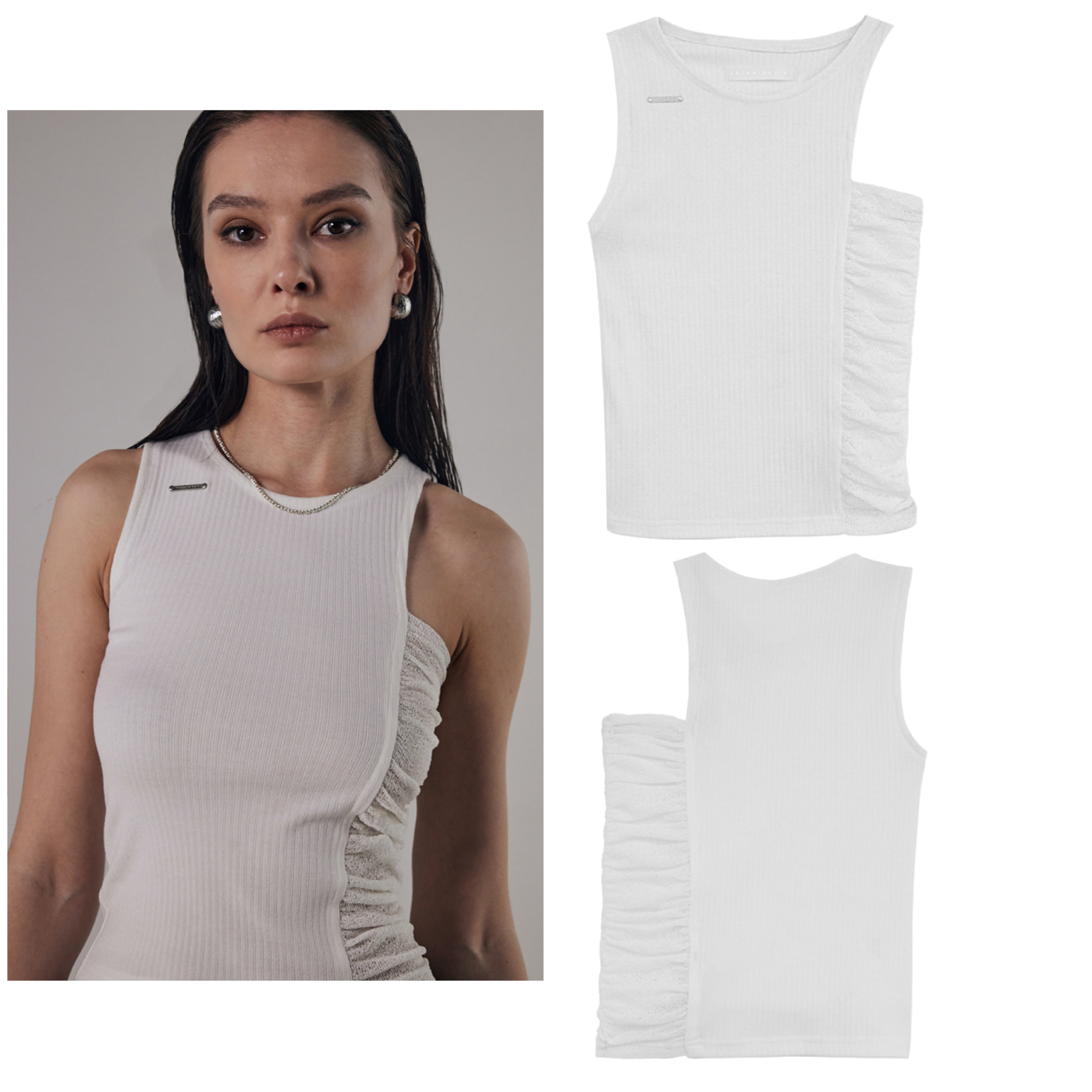 TREEMINGBIRD Unbalance Shirring Sleeveless [ White ]