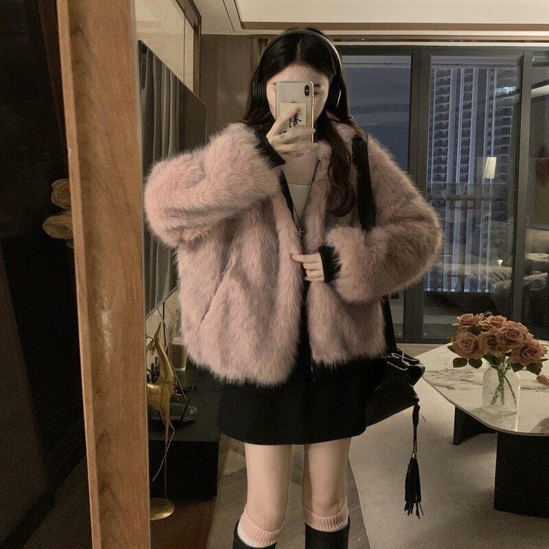 秋冬フェイクエコファー短い長さフード付き暖かい厚いアウターフリース裏地ジャケット女性のファッション