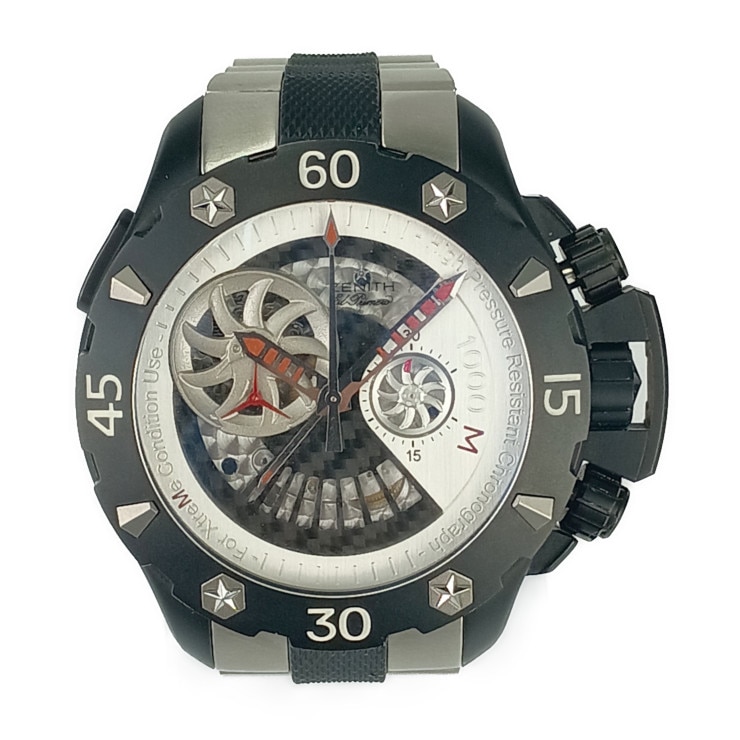 美品 ZENITH ゼニス 腕時計 デファイ エクストリーム オープン クロノグラフ 96.0525.4021 ブラック シルバー スケルトン文字盤 チタン カーボン【本物保証】