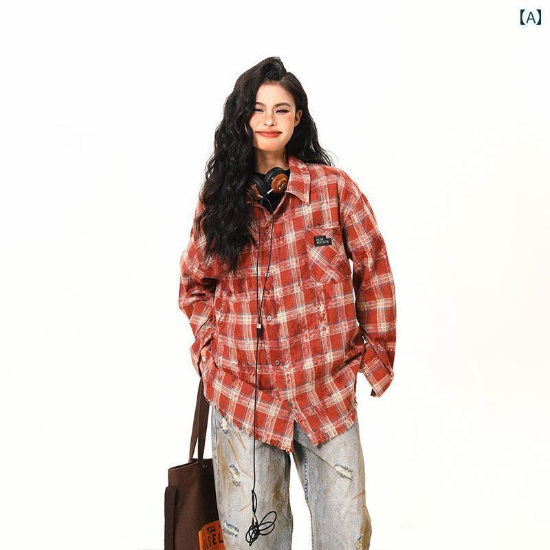 野生風24SS秋季の赤いチェック柄長袖シャツは.女性らしいアメリカンレトロストリートファッション