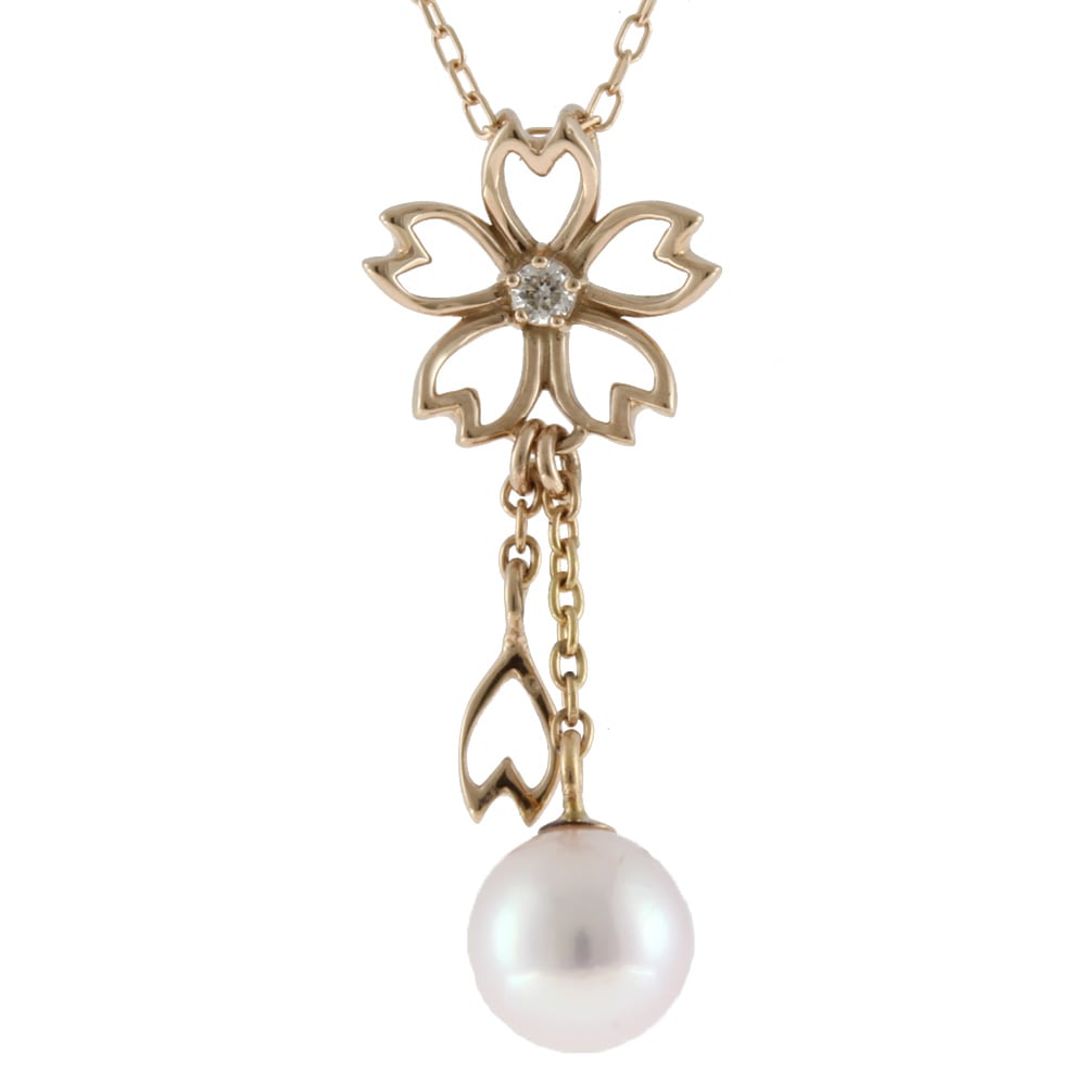 桜 サクラ ネックレス 18金 K18ピンクゴールド ダイヤモンド 0.02ct アコヤパール 1珠 新品