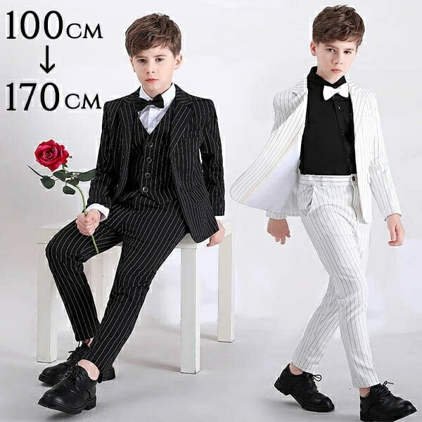 キッズスーツ キッズ 子供服 スーツ ストライプ ホワイト ブラック 白 黒 キッズフォーマル ベスト付き 蝶ネクタイ シャツ付き 卒業式 男の子 キッズ服 子供 ピアノ 発表会 成人式 結婚式 衣装