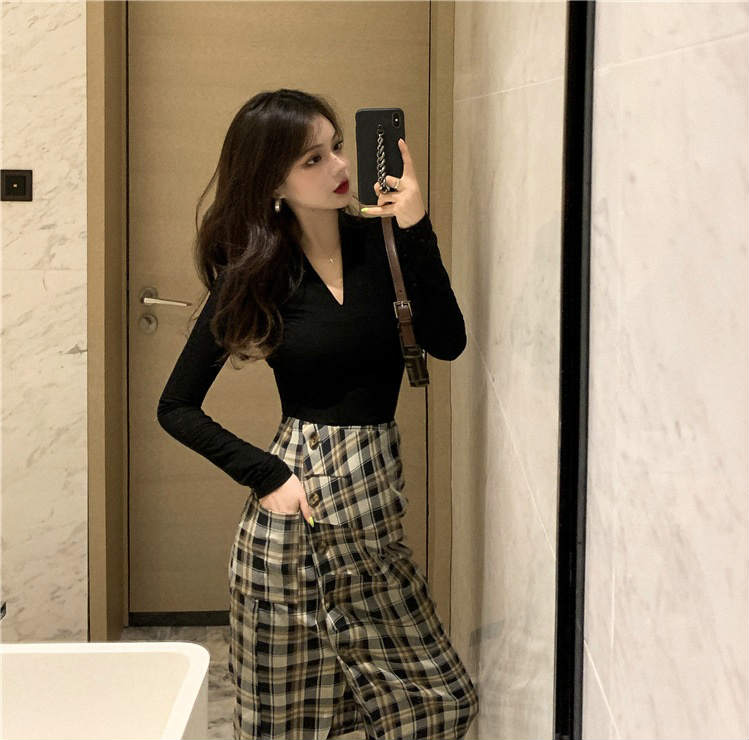 ミモレ丈 スリット チェック ボトムス スカート トップス カットソー ニット 上下セット レディース