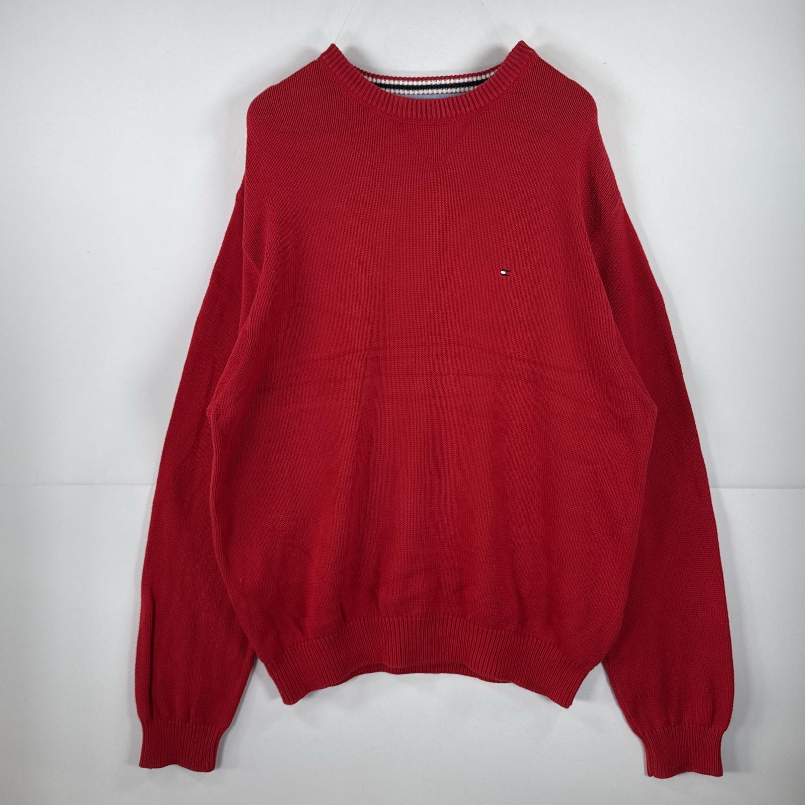 古着 90s/90年代 長袖 ニット クルーネック ワンポイント セーター 大きいサイズ XXL レッド 無地 メンズ