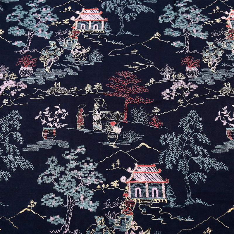 夏季新品限定幅120cm 90cm単位 生地 布 綿麻生地 刺繍生地 あずまや柄 松の木柄 中華風 手芸 裁縫 DIY 黒 白 ネイビー アイボリー