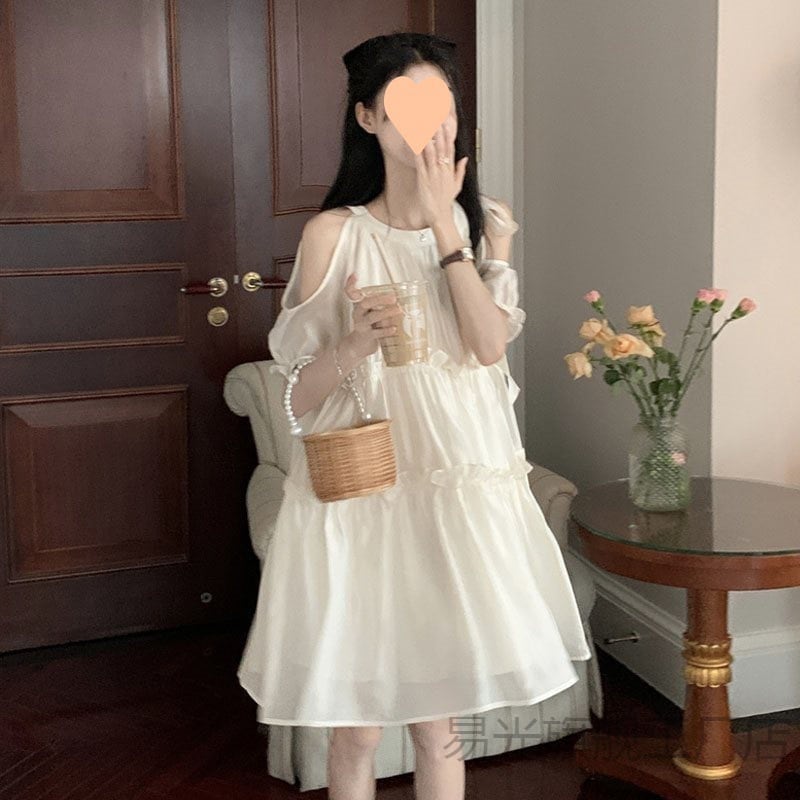 【1つ買うと10つ無料】秋の甘い気質オフショルダードレス夏の女性の穏やかなプリンセススカートフリルサイド