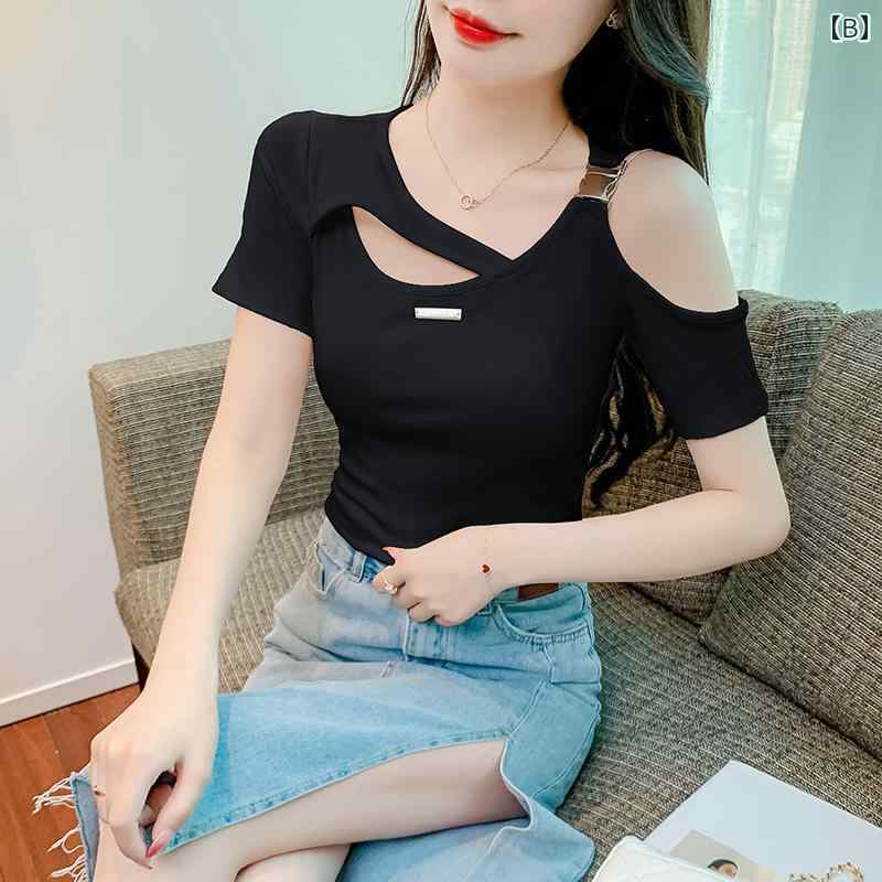 レディース ユニーク ユニーク 不規則 オフショルダー 半袖 T シャツ 女性 夏 ホット ガール ショート トップス