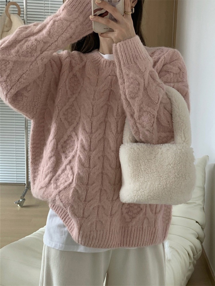 ピンクツイストプルオーバージャンパー女性2023ソフト緩いニットトップスの新しい韓国語バージョン
